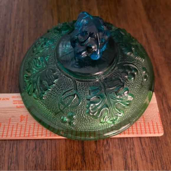 MCM Jeanette Blue Green Footed Covered Candy Bowl Grapes Motif - Picture 11 of 12